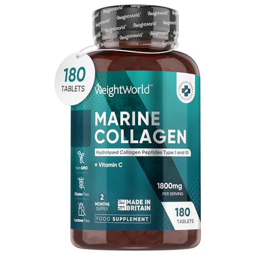 Hydrolysed Marine Collagen Tablets 1800mg - Collagen Supplements for Skin, Hair, and Slumber- for Men & Women -180 Tablets- with Hydrolysed Collagen Peptides Type 1 & 3 with Vitamin C- Made in The UK