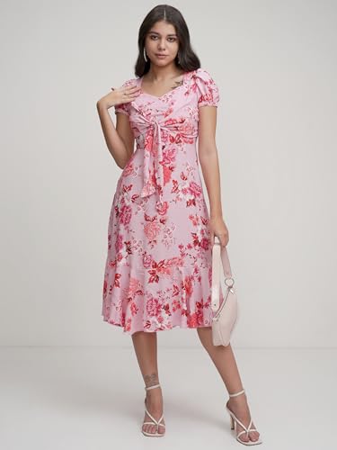 Image of Tokyo Talkies Womens Elegant Floral A-Line Dress | Long Puff Sleeves & Ruffle Hem for A Feminine Touch | Bow Tie Up | Dress for Women | Women Dress | Stylish Women Dress