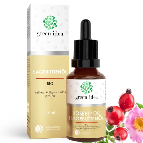 Green Idea - Hagebuttenöl Bio Gesicht | Gesichtsöl Anti Aging | Sonnenexposition Alterung, Akne | Linol und Linolensäure | NaTrue-Zertifikat | Wildrosenöl antioxidativ regt die Zellerneuerung an 25 ml