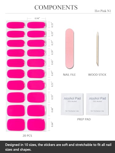 AutyaMee Semi Cured Gel Nail Strips (Hot Pink N1), Solid, 20 Pcs Summer Gel Nail Wraps, Stickers, Salon Quality, Works with Any UV Lamps