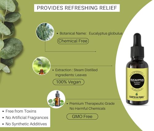 Image of Earth N Pure Eucalyptus Essential Oil (Nilgiri Oil) Undiluted, Natural, Therapeutic Grade with Glass Dropper 50 ml