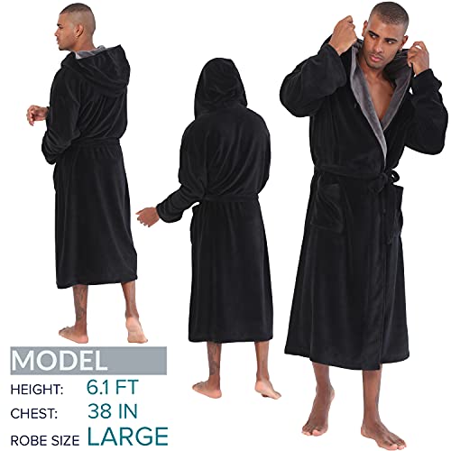 Seakanana Mens Large Hooded Long Black Bathrobe With Chest Button,Big Tall Fleece Housecoat Extra Lightweight And Warm - Small #TOP1