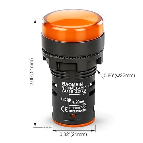 Image of BAOMAIN 22mm LED Industrial Indicator Light,110V AC Pilot Signal Lamp for Industrial Machinery Control Circuits,7 /8 inch Panel Mount, Screw Terminal,Yellow,5-Pack