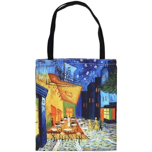 Ölgemälde Canvas Einkaufstasche Café Terrasse in Der Nacht Große Frauen Casual Umhängetasche Handtasche Wiederverwendbares Mehrzweck -einkaufsbeutel Cotton -Beutel Für Draußen