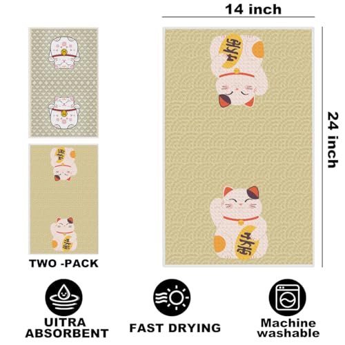 Image of 2 Pcs Japanese Lucky Cat Kitchen Towels 24x14 Inch, Maneki Neko Gifts Reusable Dish Towels for Kitchen Bathroom Decor, Waffle Weave Hand Cloth Tea Towel, Cute Cat Gifts for Women Mom Friend