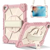 DXVTRKJM Case for iPad 9/8/7(10.2-Inch,2021/2020/2019 Model,9th/8th/7th Generation),360° Rotating Stand Hand/Shoulder Strap &Shockproof Silicone and Hard PC, (Rose Gold)