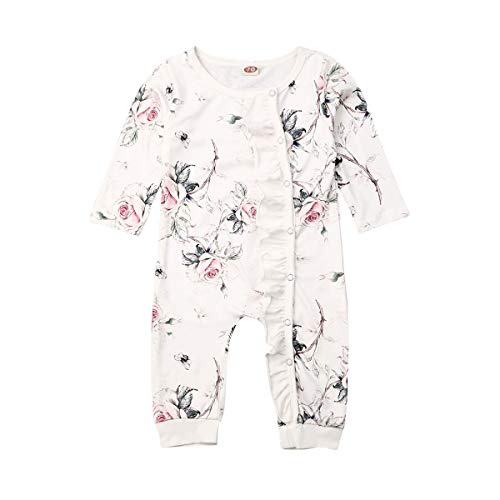 Tababobyto Newborn Baby Clothes Ruffle Romper Button Jumpsuit Footie Zipper Pajamas Fall Winter Outfits (White Flowers Autumn and Winter Romper, 6-12 Months)