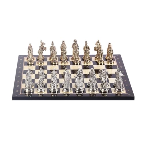 Büyük Boy Metal Osmanlı Bizans Satranç Takımı Parlak ve Ceviz Desenli Mdf Ahşap Satranç Tahtası (37x37 cm.)
