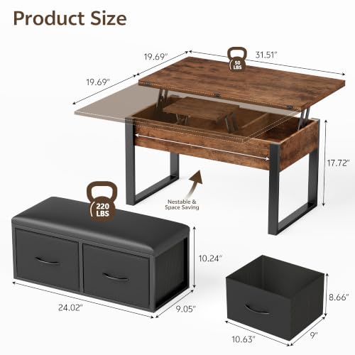 Double Lift Top Coffee Table Set with Bench, Rustic Brown, 31.5 in | 4-in-1 Multi-Function Coffee Table w/2 Storage Fabric Drawers, Dual Lifting Center Table w/Hidden Compartments, Steel Legs - Image 3