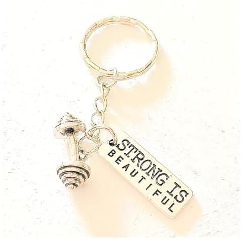 Strong Is Beautiful Keychain Silver Barbell Charm Message of Strength Fitness Gift image 4