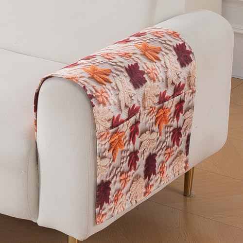 Image of HOKIPO 'Nature Muse' Premium HD Printed Holland Velvet Sofa Armrest Covers with Pockets | 1 Pair | Autumn Maple (IN-921-L-D1*2)
