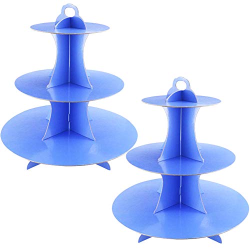 2 Unidades Soporte de Magdalenas de Cartón Azul de 3 Niveles, Postre Soporte para Cupcakes Redondo para Cumpleaños, Fiesta, Baby Showers