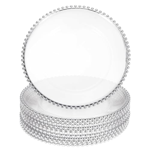 sourcing map Transparente Platzteller 33 cm Kunststoff rund mit Perlenbesatz für Abendessen Dessertteller für Hochzeit Party Event Tischdekoration Silber 12 Stück