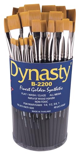dynasty b-2200 golden synthetic short handle brushes - assorted flat sizes - set of 40 - black
