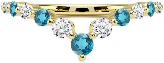 Alternate Blue Topaz & White Diamond Chevron V Shape Wedding Band For Women, 14k Gold Finish Blue Topaz Matching Contour V Shape Ring