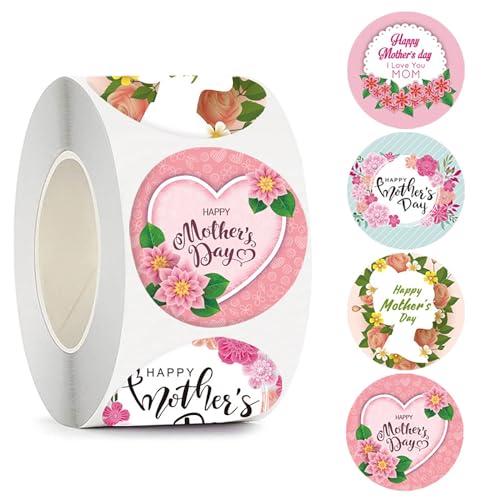 500pcs Happy Mothers Day Gift Tag Sticker Roll Mothers Day Envelope Seals Stickers Flower Heart Mom Design Cards Envelopes Seals Cookies Box and Gifts Wrapping Decoration