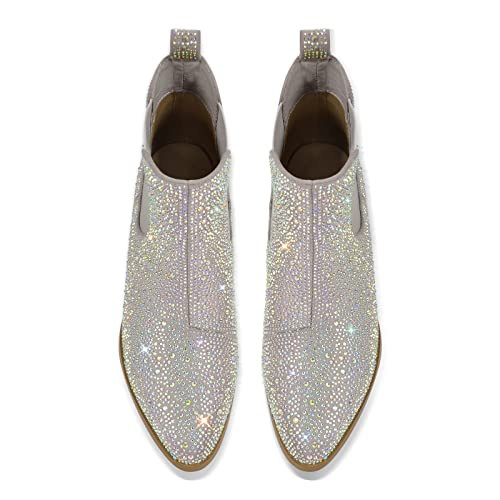 VERISSON Point Toe Western Boots Chelsea Silver Glitter Rhinestone Block Heeled Cowboy Booty 6CM3