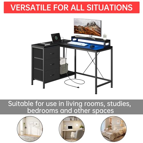Image of Hetoy L-Shaped Gaming Desk with Power Outlets, Corner Desk with Drawers, Shelves & LED Lights, Computer Desk for Home & Office