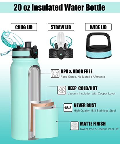 Insulated Water Bottle 20Oz For Adults Kids Stainless Steel Water Bottles With Straw/Chug/Carabiner 3 Lids Fruit Strainer Double Wall Vacuum Wide Mouth Bpa Free Sweat/Leak-Proof For School Travel #TOP2