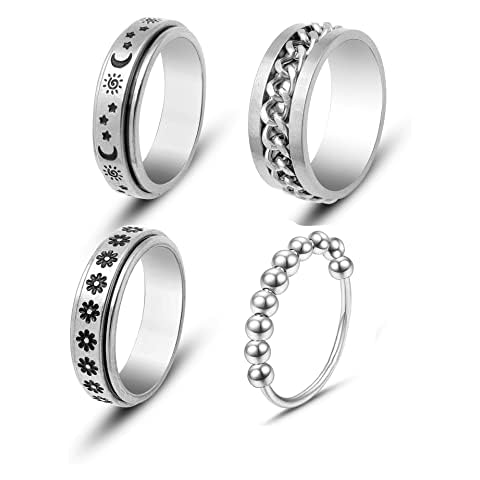 4Pcs Stainless Steel Anxiety Ring for Women Men Anti Anxiety Ring Flower Star Moon Cool Stress Relieveing Rings, 8 UK, Alloy, alloy Cover