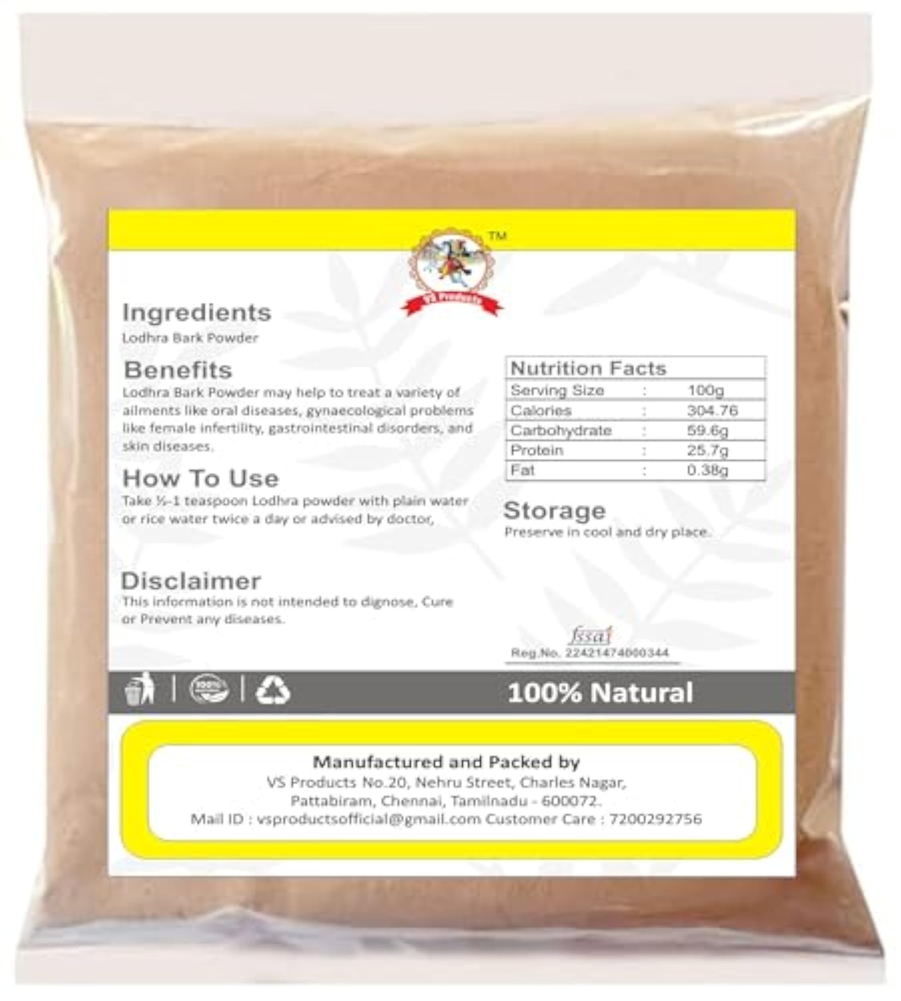 VS Products Lodhra Bark Powder, 150g Chhal Powder