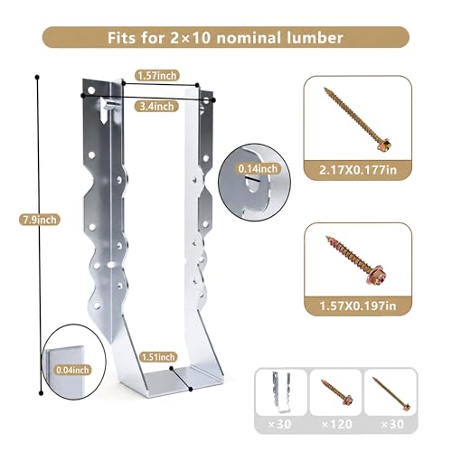 Image of 25pcs 2x10 Joist Hangers with Screws, 20-Gauge Galvanizing Face Mount Joist Hanger for Wood Posts, Hurricane Rafter Ties Clips, 2x10 Brackets for Floor Deck and Ceiling Trusses, Lumber Beam Connectors
