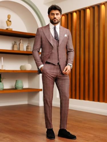 Mens 3-Piece Plaid Suit Slim Fit Formal Bussiness Wedding Suit Two Button Checked Suits Jacket Vest Pants Set2