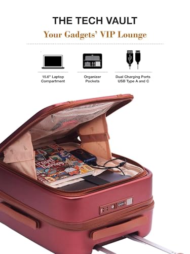 Image of FUR JADEN The Wayfarer 55cm Cabin TechPro Polycarbonate Suitcase I USB-C Charging Port I Laptop Compartment I 8 Silent Shock Absorbing Wheel I TSA Lock I Aviation Grade Trolley (Maroon, TechPro)
