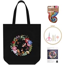ERKOON Canvas Tote Bag Embroidery Kit for Beginners, Floral Arts Crafts Cross Stitch Kits for Adults Including Stamped Embroidery Bag with Hoops, Needle, Instruction and Color ThreadsWreath