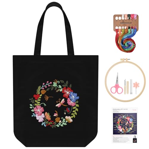 ERKOON Canvas Tote Bag Embroidery Kit for Beginners, Floral Arts Crafts Cross Stitch Kits for Adults Including Stamped Embroidery Bag with Hoops, Needle, Instruction and Color Threads(Wreath)