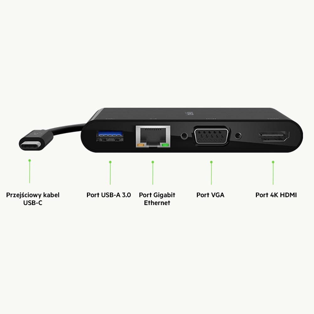 Belkin Adapter multimedialny USB-C (hub USB-C z VGA, 4K HDMI, USB 3.0, porty Etherne) do MacBook Pro, iPad Pro, Surface Pro, Chromebook i innych, AVC005
