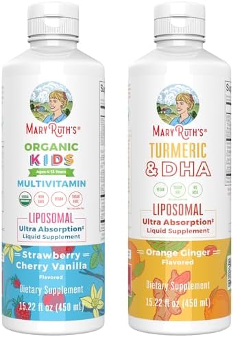 MaryRuth Organics Kids Multivitamin (Strawberry Cherry & Vanilla) & Turmeric & DHA Liposomal (Sweet Ginger) | Clean Label Project Verified® | Vitamins for Joint Health & Overall Wellness | Vegan