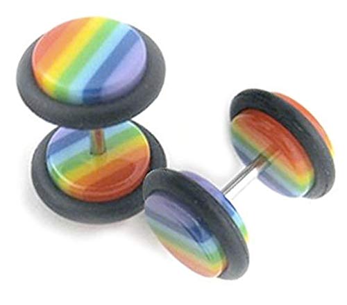 Pair of Gay Pride Fake Plug Earrings with O-Ring - LGBT Gay and Lesbian Pride Body Jewelry.