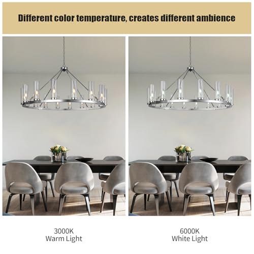 Image of 16 Light Large Wagon Wheel Chandelier with Clear Glass Shade Chrome Round Pendant Light Farmhouse Industrial Chandeliers Dining Room Light Fixture for Stair Living Room Foyer Kitchen