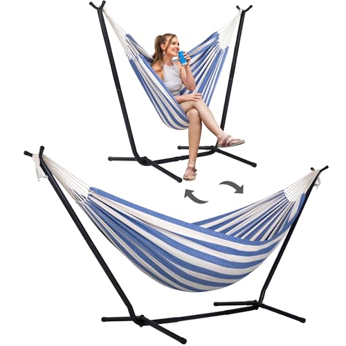 Image of SUNCREAT 2-in-1 Convertible Backyard Fabric Hammock with Stand, Blue White
