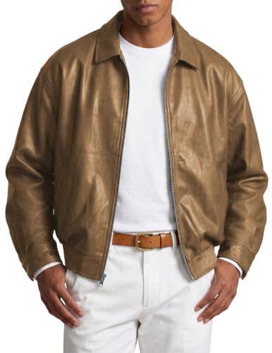 JMIERR Mens Faux Leather Jacket Zip Up Casual Coat, L, Green Brown