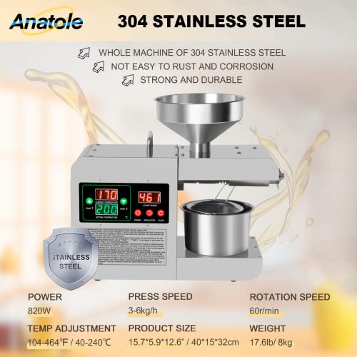 Foto von Anatole Ölpresse Elektrisch Kaltpresse Heißpresse Ölmühle aus Edelstahl 820W Samen Öl Pressmaschine 40-240℃ Temperatur Einstellbar Kommerziell Haushalt