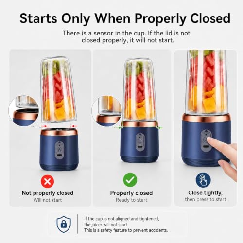 Image of Portable Juicer Blender Makes Smoothies and Fresh Juices Easy with a Mini Mixer Design and On /Off Safety Sensor for Daily Use (Dark Blue)
