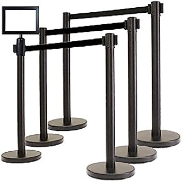 RETRACTABLE STANCHION SET, 6 Posts + SignFrame + Replacement Cassettes + Wall Bracket (Black)