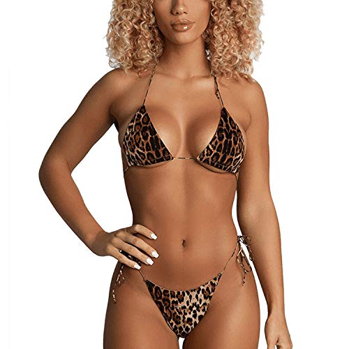 TSWRK Damen Triangel Bikini Set Leopard & Schlange Print Neckholder Bademode mit Nackenträger Swimsuits Push Up Beachwear Cover