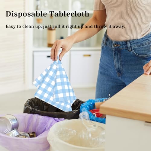 Image of 12 Pcs Light Blue Checkered Tablecloth 54 x108 Inches Rectangle Blue Gingham Tablecloth Disposable Plastic Waterproof Table Cover for Outdoor Picnic, Kitchen, Holiday Birthday Party