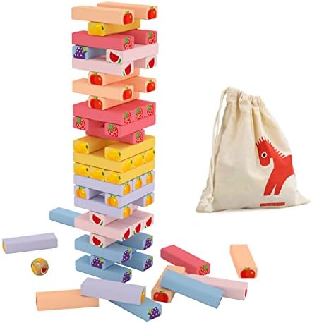 Gentle Monster Wooden Stacking Board Games, 54 Pcs Fruit Colored Tower Building Blocks Games for Kids, Wood Balancing Blocks Montessori Toy Gift for Boys Girls