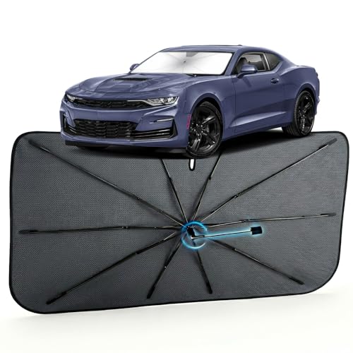 Image of Car Windshield Sun Shade for Chevrolet Camaro 2010-2024 - Reflective Coated Fabric Sunshade Umbrella for Front Window, UV Protection Heat Shield Sun Blocker Heat Reflector, 1:1 Exact Fit Keep Car Cool