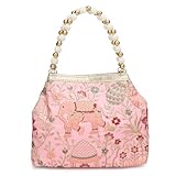 ヴィンテージピーコックフローラル刺繍ポトリバッグ、パールビーズハンドル、イブニングパース、8.5 x 7.5 x 4インチ, ピーチ, 8.5 Inches X 7.5 Inches X 4.0 Inches