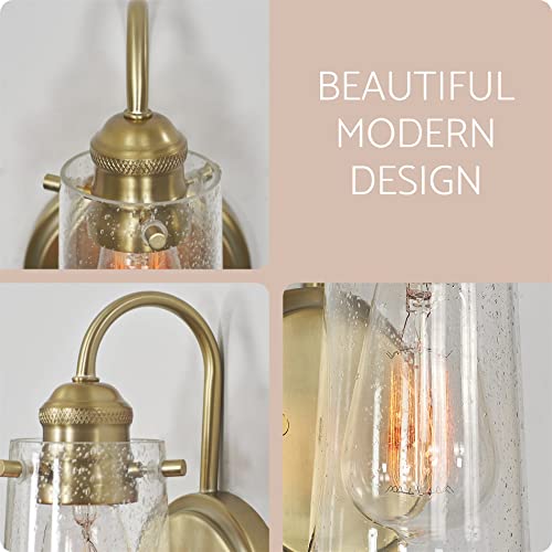 Kira Home Rayne 9.5" 1-Light Modern Farmhouse Wall Sconce, Gooseneck Bathroom Light, Seeded Glass Shade + Cool Brass Finish #TOP4