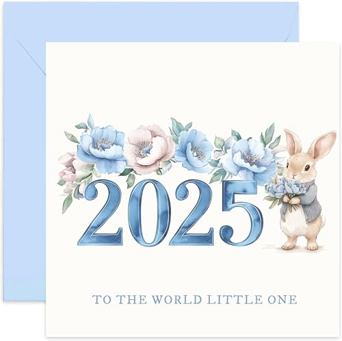 Blue 2025 Welcome To The World Little One New Baby Boy Greeting Card for Mummy Daddy, Keepsake and Sentimental Gifts for Parents Grandparents to Celebrate Birth of Son Grandson - Cute Bunny Rabbit