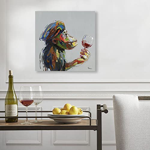 Yidepot Monkey Wall Art Canvas Thinking: Monkey Painting On Canvas Drinking Wall Decor For Living Room Office Framed Ready To Hang (24"X24"X1 Panel) #TOP3