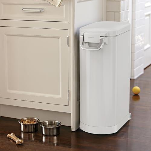 Image of simplehuman X-Large Pet Food Storage Container, Holds 36-44 lb / 16-20 kg of Dry Dog Food, Cat Food, or Bird Seed, Airtight Lock-Tight Lid with Magnetic Scoop, BPA-Free, White Steel