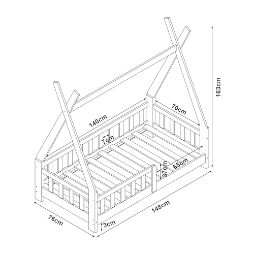 Miniatura 2 de En.Casa Cama Para Niños Helsingborg Pequeños Estructura Tipi Indio Cama Montessori Con Somier Cama Infantil Con Reja De Seguridad Carga Máx. 80 Kg Madera Pino 70 X 140 Cm - Natural