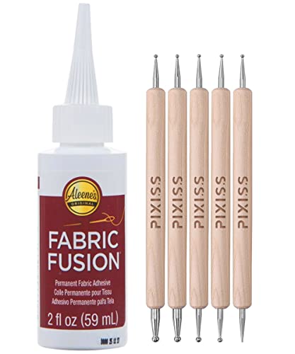 Fabric Fusion Fabric Glue Permanent Clear Washable 2oz for Patches, Rug Glue, Clothing Glue, No Sew Fabric Glue with Pixiss Art Dotting Stylus Pens 5 pcs Set